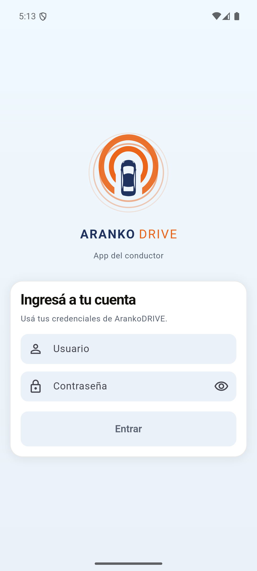 Inicio de sesión de la app del conductor, en tema claro con acentos azules