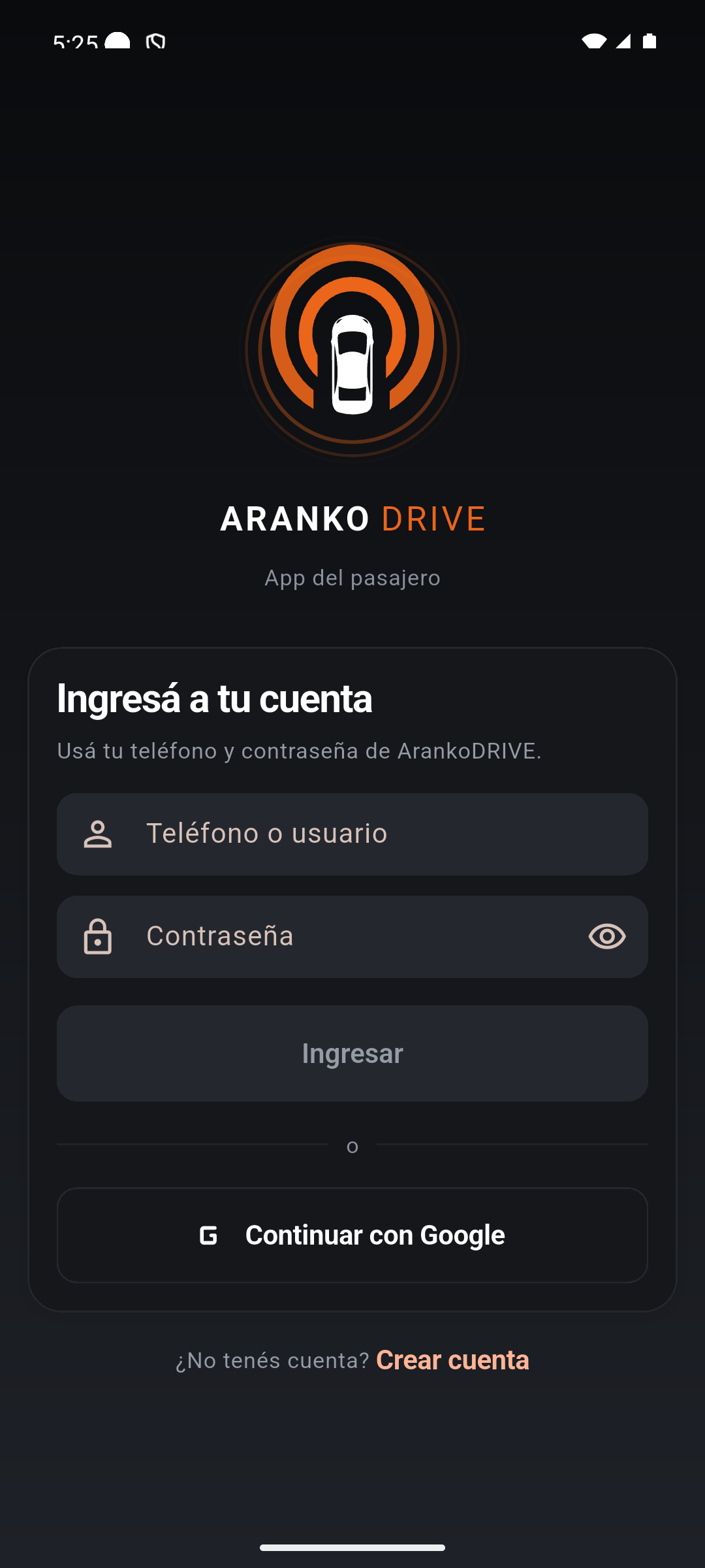 Inicio de sesión de la app del pasajero, en tema oscuro con acentos naranja