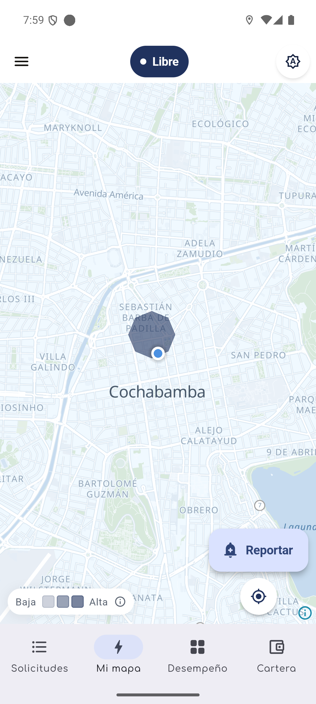 Mapa de ArankoDRIVE en modo día, con la ruta trazada hacia Cochabamba