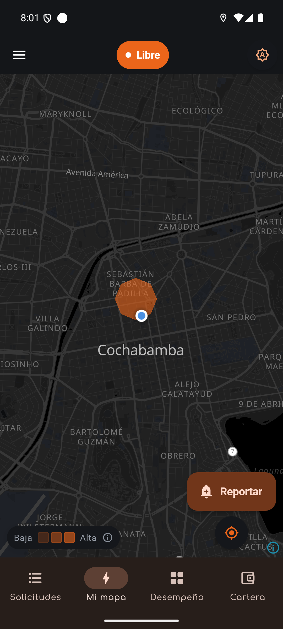 Mapa de ArankoDRIVE en modo noche, con la ruta trazada en naranja